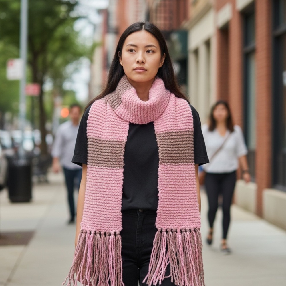 Scarf Pink Dark Rose Knit  Hand Crafted Boucle Fringed Colorblock